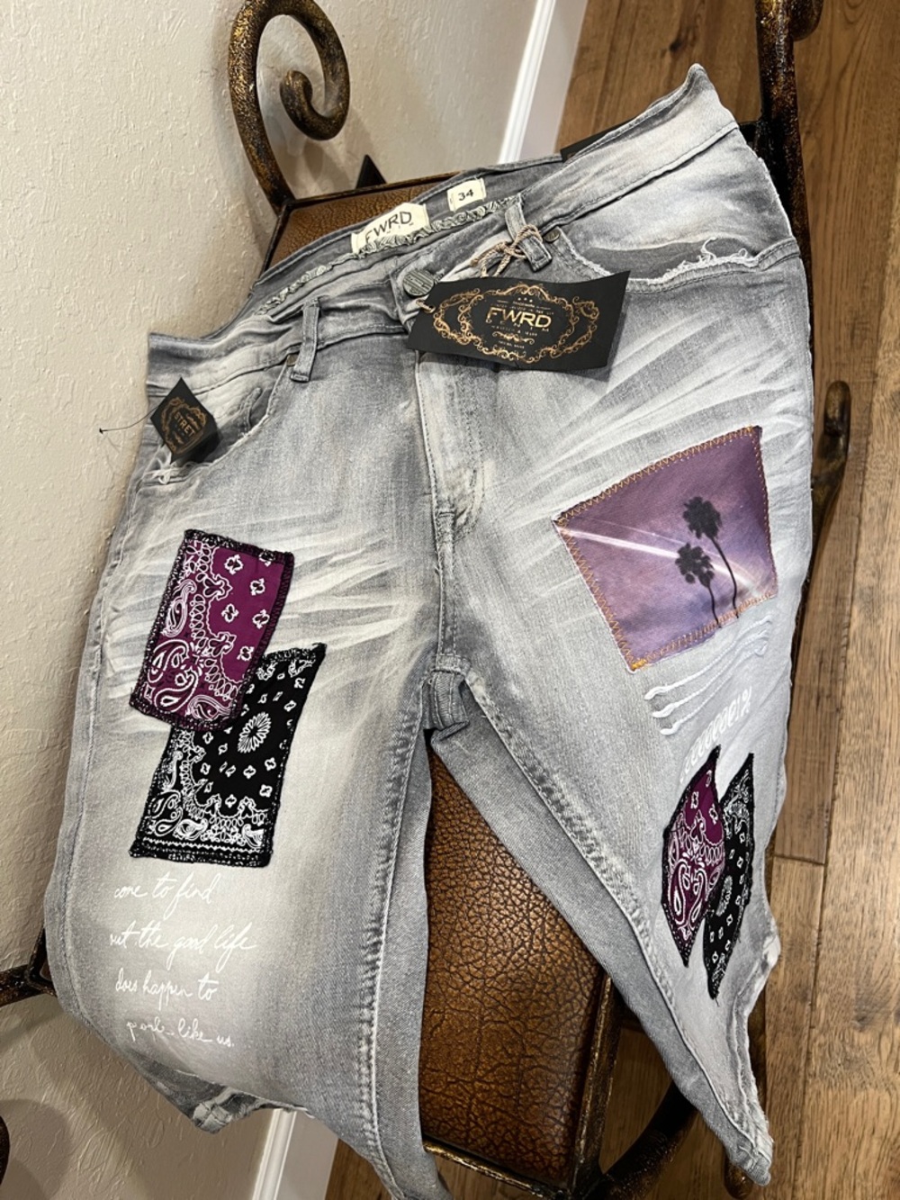 Brand New FWRD Gray Distressed Jeans Shorts Stretch Purple, Blue &🌴 patchwork!
